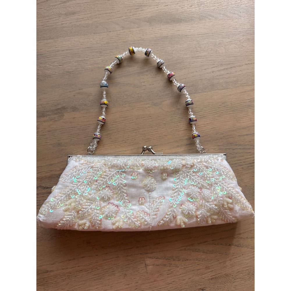 Vintage Beaded Floral Evening Clutch Iridescent Sequin Kiss Lock Cream Baguette
